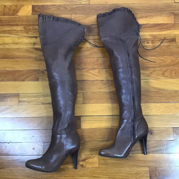 Report Shoes - Brown Report Leather Thigh High Side Zip Boots